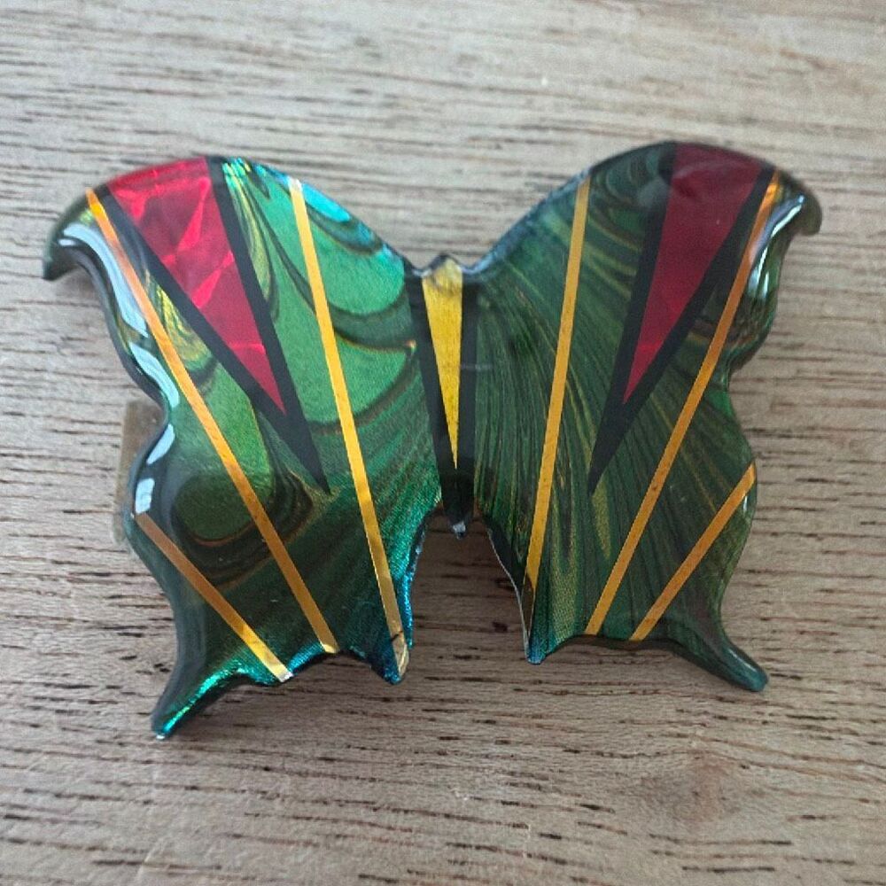 Vintage John Crutchfield butterfly enamel green red gold pin brooch 1993